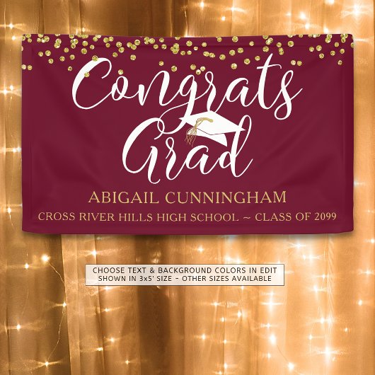 Gold Confetti Script CONGRATS AFSTUDEERDER Maroon  Spandoek