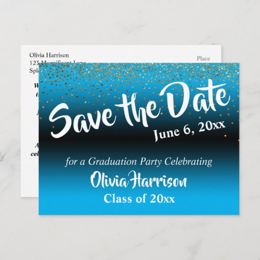 Gold Confetti Sky Blue Afstuderen Save the Date Briefkaart (Voorkant / Achterkant)