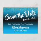 Gold Confetti Sky Blue Afstuderen Save the Date Briefkaart (Voorkant)