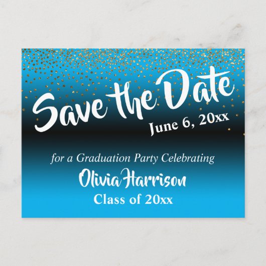 Gold Confetti Sky Blue Afstuderen Save the Date Briefkaart (Voorkant)