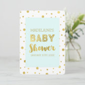 Gold Confetti Sky Blue Baby Shower Uitnodigingen (Staand voorkant)