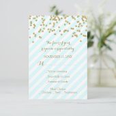 Gold Confetti Sky Blue Stripes Wedding RSVP (Staand voorkant)
