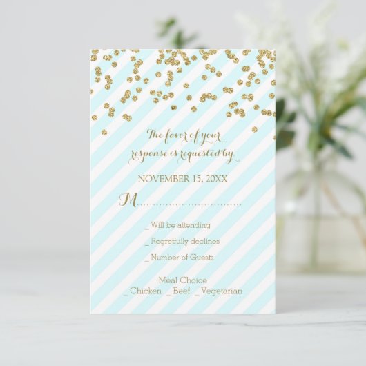 Gold Confetti Sky Blue Stripes Wedding RSVP (Staand voorkant)