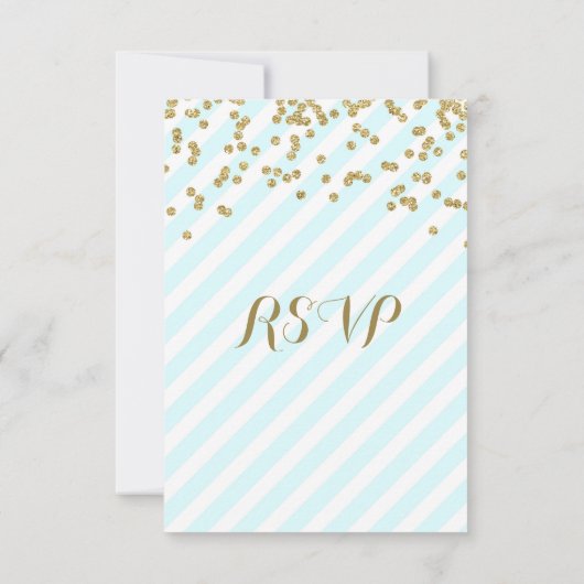 Gold Confetti Sky Blue Stripes Wedding RSVP (Achterkant)