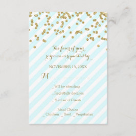 Gold Confetti Sky Blue Stripes Wedding RSVP Kaartje
