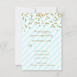 Gold Confetti Sky Blue Stripes Wedding RSVP Kaartje