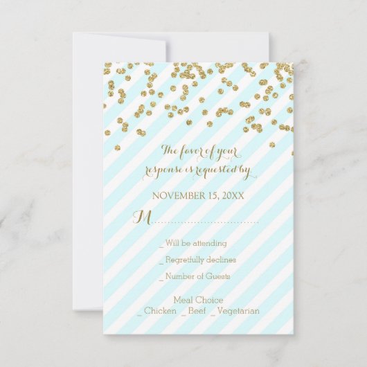 Gold Confetti Sky Blue Stripes Wedding RSVP Kaartje (Voorkant)
