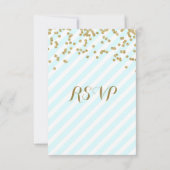 Gold Confetti Sky Blue Stripes Wedding RSVP Kaartje (Achterkant)