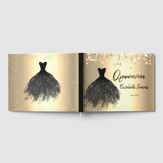 Gold Confetti Stippen, Black Dress Quinceañera Gastenboek (Volledig)