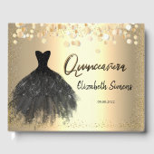 Gold Confetti Stippen, Black Dress Quinceañera Gastenboek (Voorkant)