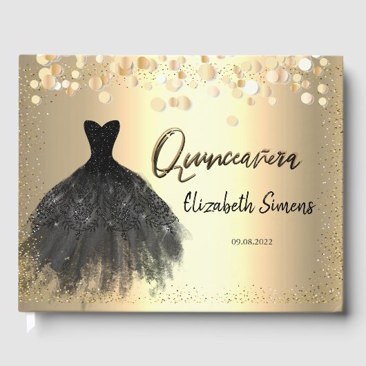 Gold Confetti Stippen, Black Dress Quinceañera Gastenboek (Voorkant)