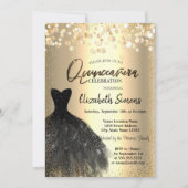 Gold Confetti Stippen, Black Dress Quinceañera Kaart (Voorkant)