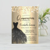 Gold Confetti Stippen, Black Dress Quinceañera Kaart (Staand voorkant)