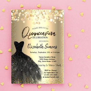 Gold Confetti Stippen, Black Dress Quinceañera Kaart