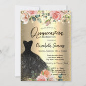 Gold Confetti Stippen, Black Dress Rozen Quinceañe Kaart (Voorkant)