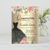 Gold Confetti Stippen, Black Dress Rozen Quinceañe Kaart (Staand voorkant)