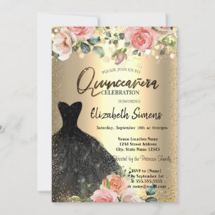 Gold Confetti Stippen, Black Dress Rozen Quinceañe Kaart