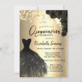 Gold Confetti Stippen, Black Dress Rozen Quinceañe Kaart (Voorkant)