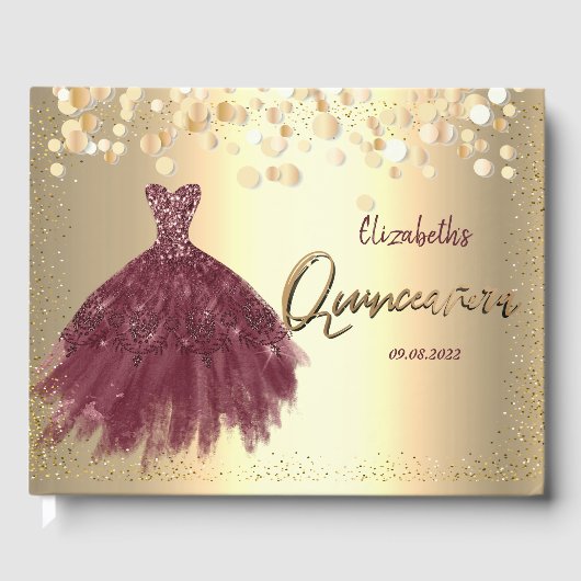 Gold Confetti Stippen, Burgundy Dress Quinceañera Gastenboek (Voorkant)