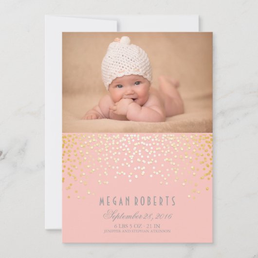 Gold Confetti Stippen Roze Newborn Baby Foto geboo Aankondiging (Voorkant)