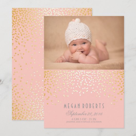 Gold Confetti Stippen Roze Newborn Baby Foto geboo Aankondiging (Voorkant / Achterkant)