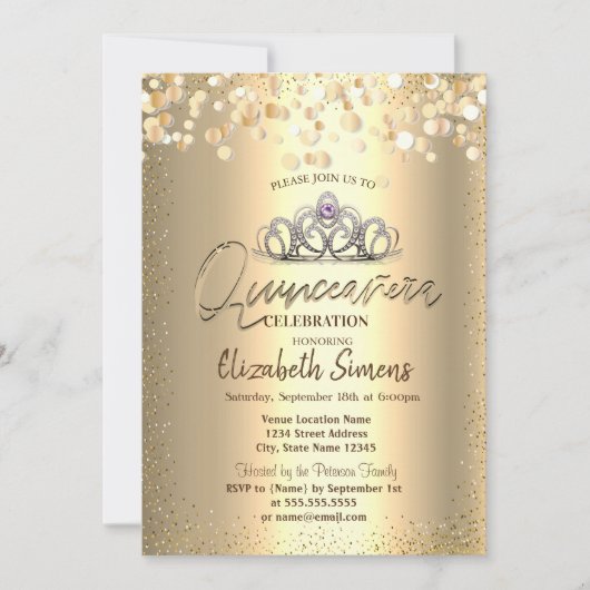 Gold Confetti Stippen, Tiara Quinceañera Kaart (Voorkant)