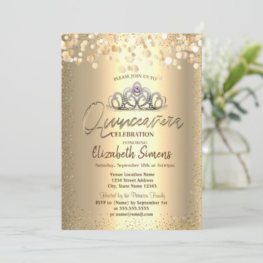 Gold Confetti Stippen, Tiara Quinceañera Kaart (Staand voorkant)