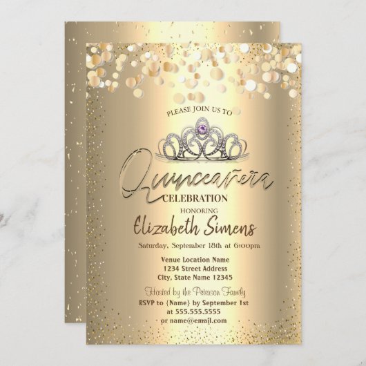 Gold Confetti Stippen, Tiara Quinceañera Kaart (Voorkant / Achterkant)