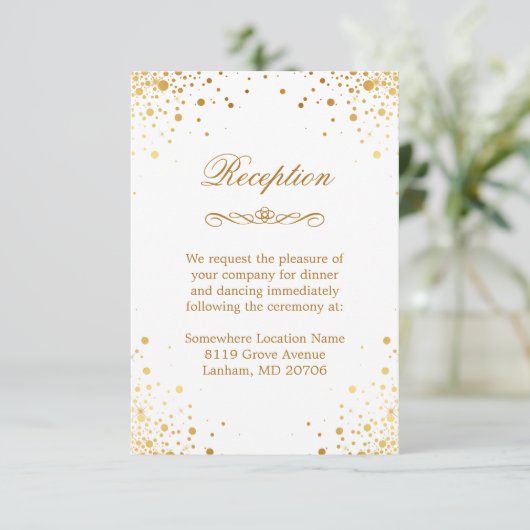 Gold Confetti Stippen Wedding Accommodatie Recepti Informatiekaartje (Staand voorkant)