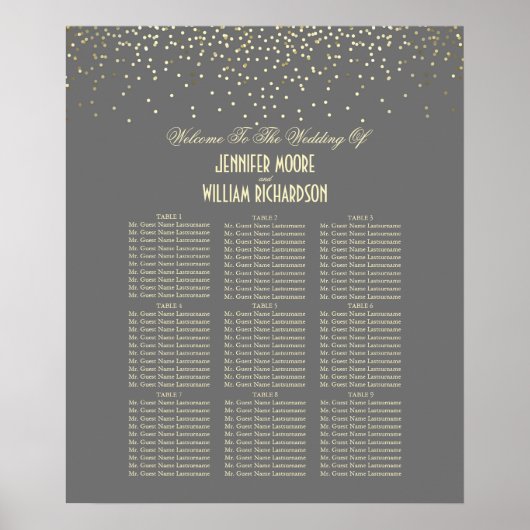 Gold Confetti Stippen Wedding Seating Chart Poster (Voorkant)