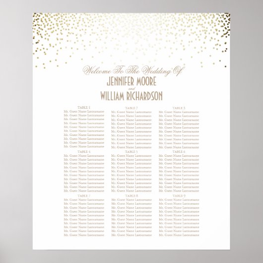 Gold Confetti Stippen White Wedding Seating Chart Poster (Voorkant)