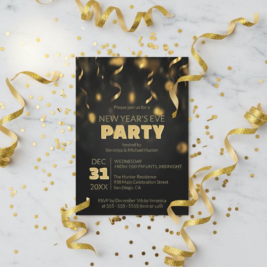 Gold Confetti Streamers Black New Year's Eve Party Kaart