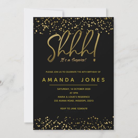 Gold Confetti Surprise Birthday Party Invitation Kaart (Voorkant)