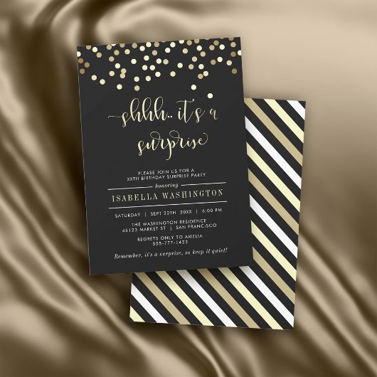 Gold Confetti Surprise Birthday Party Invitation Kaart