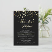 Gold Confetti Surprise Birthday Party Invitation Kaart (Staand voorkant)