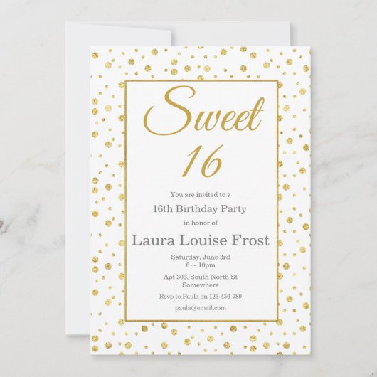 Gold Confetti Sweet 16 Birthday Invitation Kaart (Voorkant)