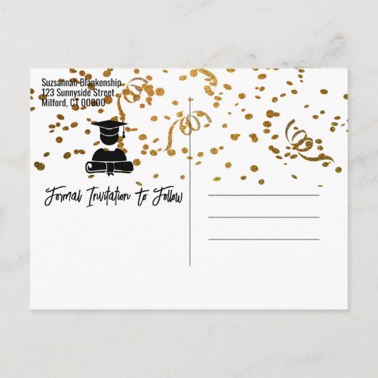 Gold Confetti top op zwart, aangepast Afstuderen Aankondigingskaart (Achterkant)