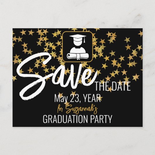 Gold Confetti top op zwart, aangepast Afstuderen Aankondigingskaart (Voorkant)