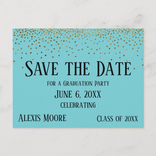 Gold Confetti Turquoise Afstuderen Save the Date Briefkaart (Voorkant)
