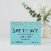 Gold Confetti Turquoise Afstuderen Save the Date Briefkaart (Staand voorkant)