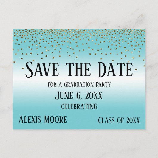 Gold Confetti Turquoise Afstuderen Save the Date Briefkaart (Voorkant)