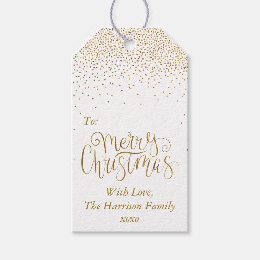 Gold Confetti Typografie Merry Kerstry Cadeaulabel (Voorkant)