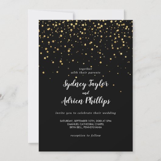 Gold Confetti | Uitnodiging voor Casual zwarte wed (Voorkant)