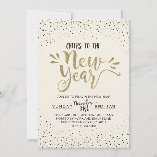 Gold Confetti - Uitnodiging voor Eve-partij in nie (Voorkant)