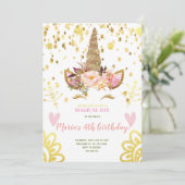 Gold Confetti Unicorn face Birthday Uitnodiging (Staand voorkant)