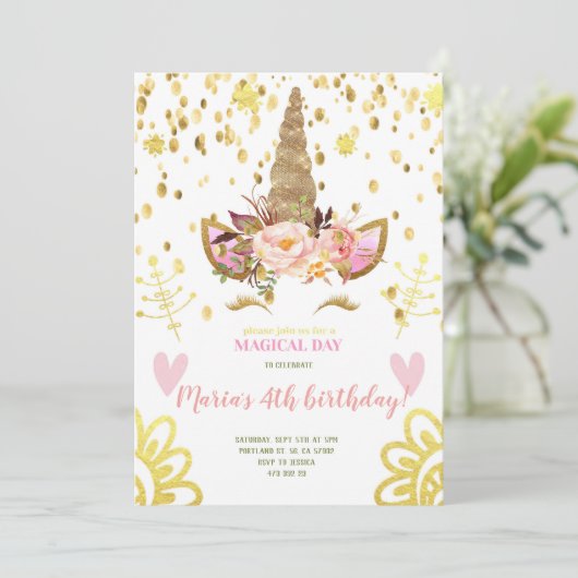 Gold Confetti Unicorn face Birthday Uitnodiging (Staand voorkant)