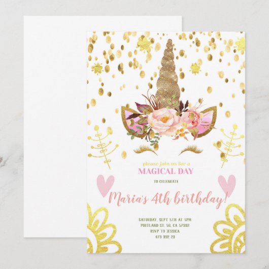 Gold Confetti Unicorn face Birthday Uitnodiging (Voorkant / Achterkant)