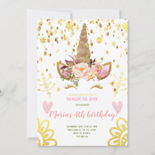 Gold Confetti Unicorn face Birthday Uitnodiging