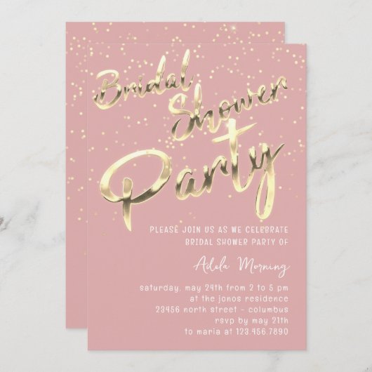 Gold Confetti Vrijgezellenfeest Script Roze Rose Kaart (Voorkant / Achterkant)