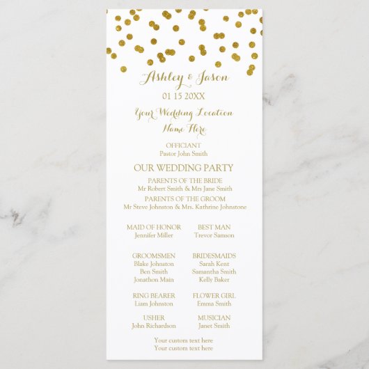 Gold Confetti Wedding Program Programmakaart (Achterkant)